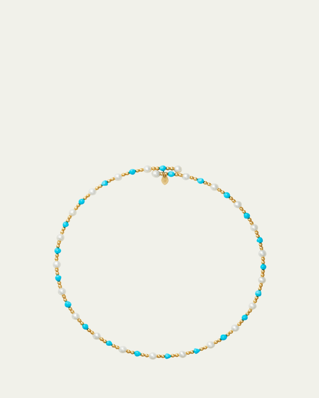 18K Yellow Gold Carmel Multi Turquoise Mini Pearl Beaded Necklace
